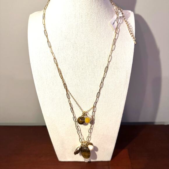 NWT 2 Chic Necklace 18K Gold Plated 2Chic Pendant Brown stone Multilayer Western - Picture 1 of 9